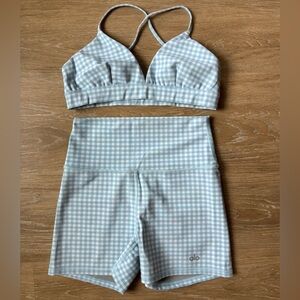 ALO Yoga Set Biker Shorts and Bra Gingham Blue Skies Small